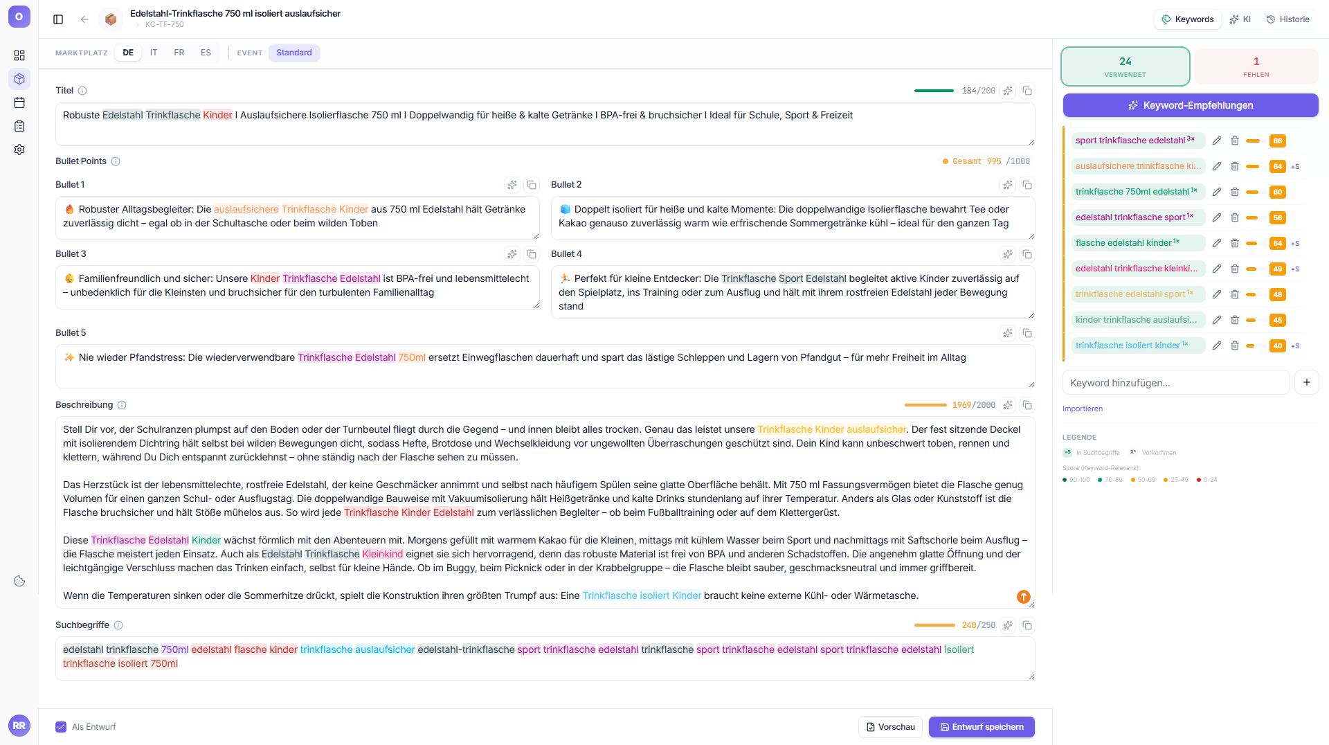 Editor – Textfelder mit Byte-Zählern, farbige Keyword-Hervorhebung und Keyword-Panel mit Scores