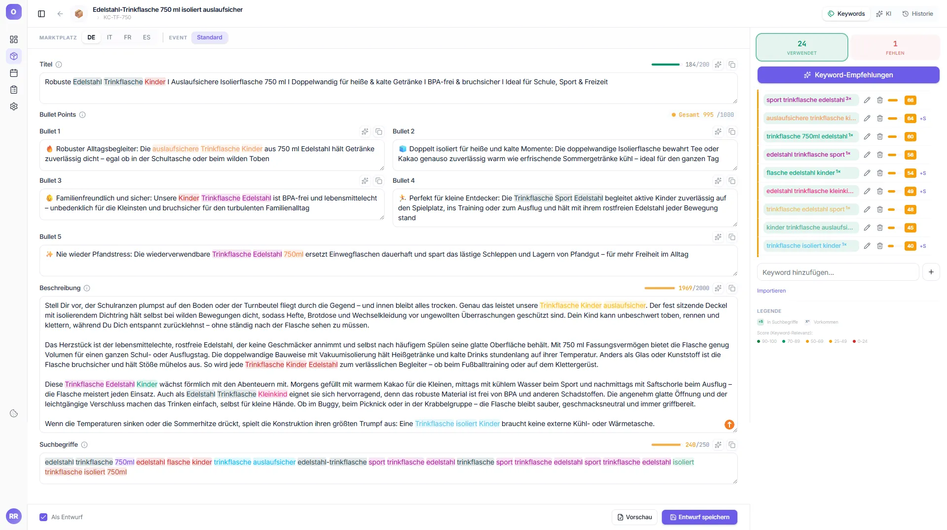 Editor – Textfelder mit Byte-Zählern, farbige Keyword-Hervorhebung und Keyword-Panel mit Scores