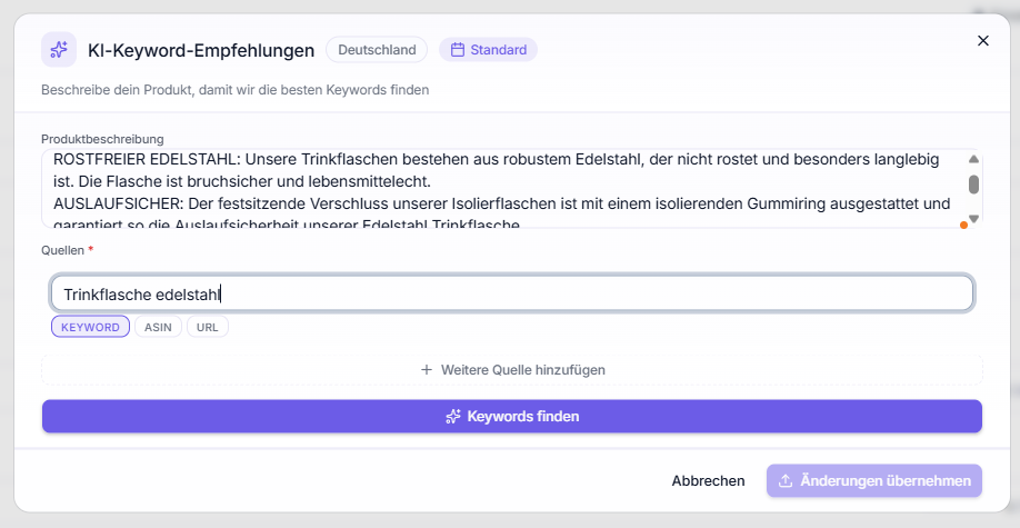 Keyword-Empfehlungen – Modal: Produktbeschreibung + Quellen (Keyword/ASIN/URL)