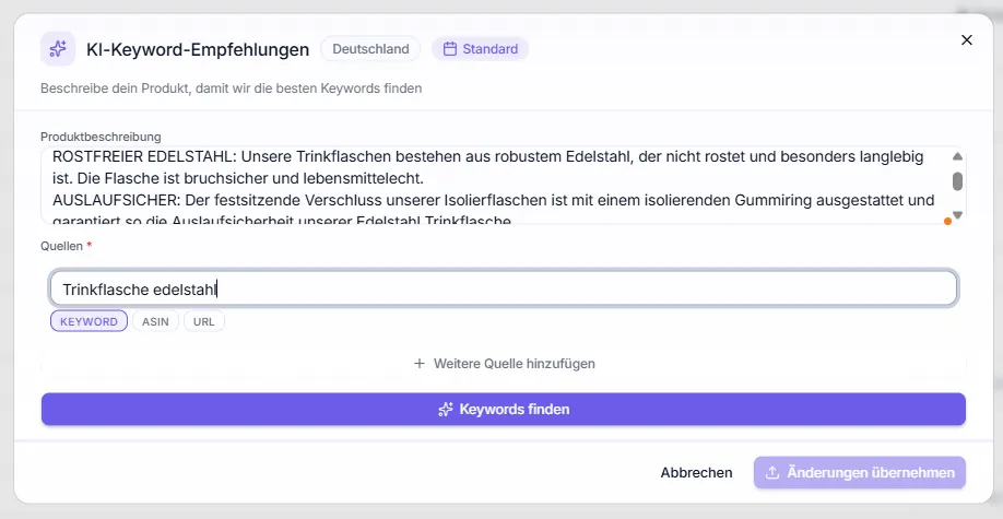 Keyword-Empfehlungen – Modal: Produktbeschreibung + Quellen (Keyword/ASIN/URL)