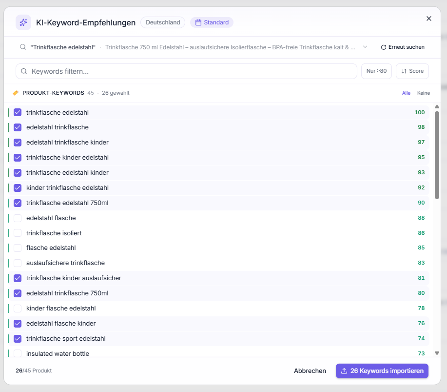 Keyword-Empfehlungen – Ergebnisliste mit Score, Filter 'Nur ≥80' und Mehrfachauswahl