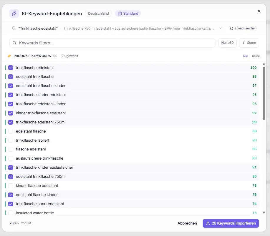 Keyword-Empfehlungen – Ergebnisliste mit Score, Filter 'Nur ≥80' und Mehrfachauswahl