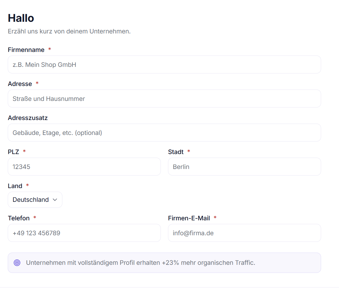 Onboarding-Wizard – Schritt 1: Willkommen (Name und Firmenname)