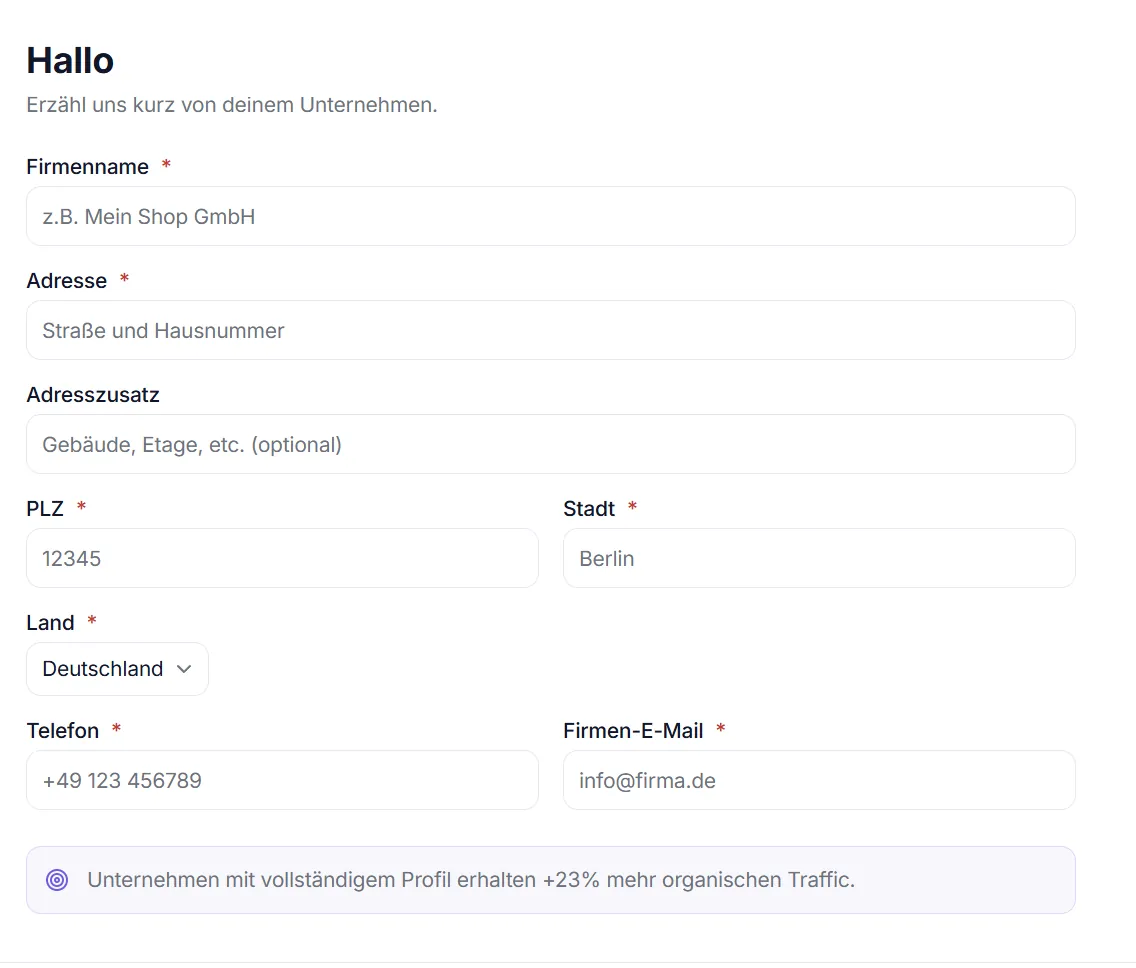 Onboarding-Wizard – Schritt 1: Willkommen (Name und Firmenname)
