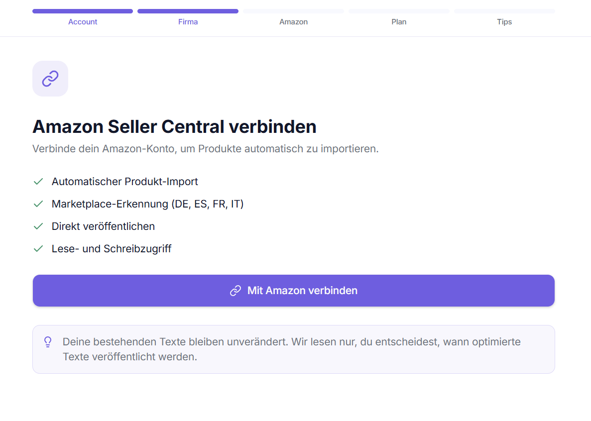 Onboarding-Wizard – Schritt 2: Amazon Seller Central verbinden
