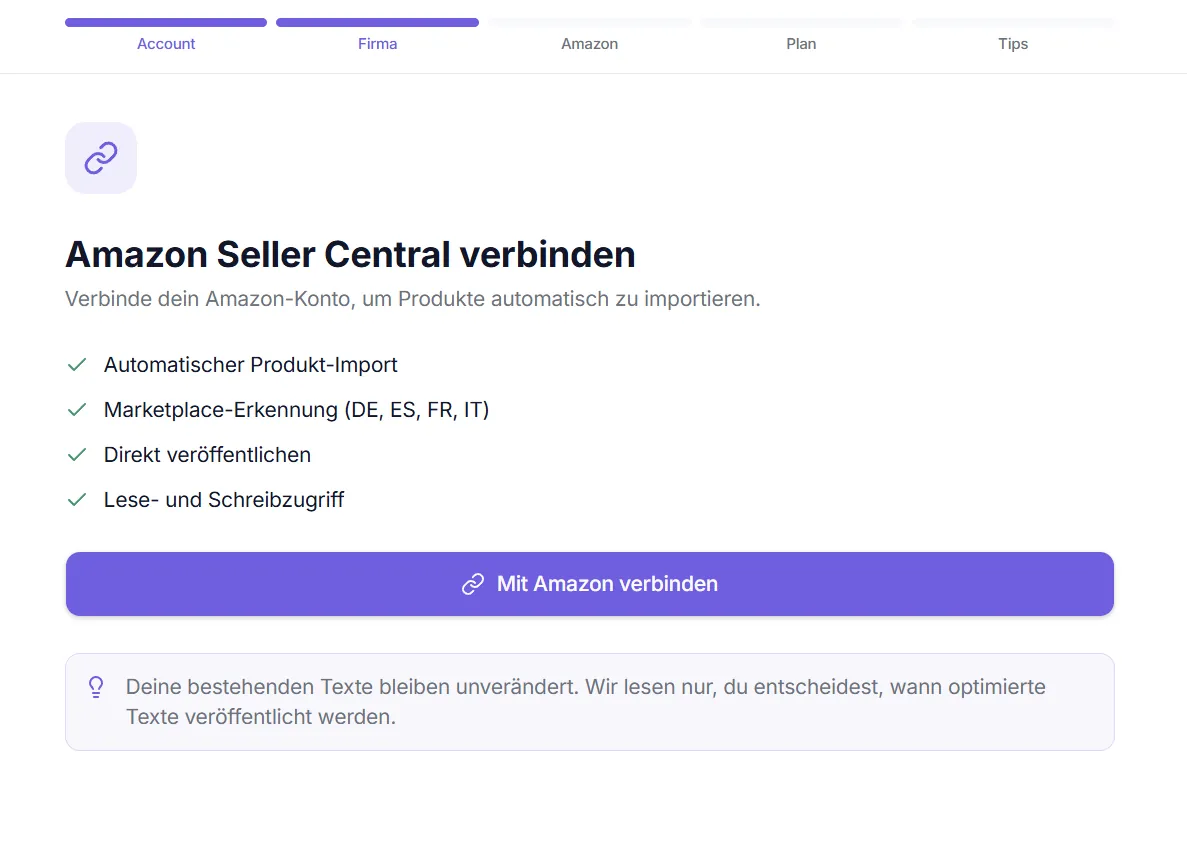 Onboarding-Wizard – Schritt 2: Amazon Seller Central verbinden