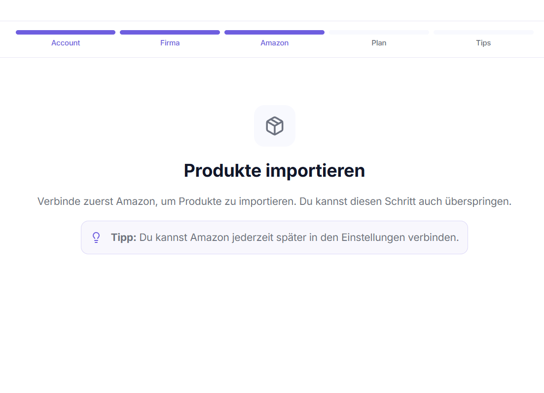 Onboarding-Wizard – Produkte importieren (direkt im Amazon-Schritt, mit Live-Zähler)