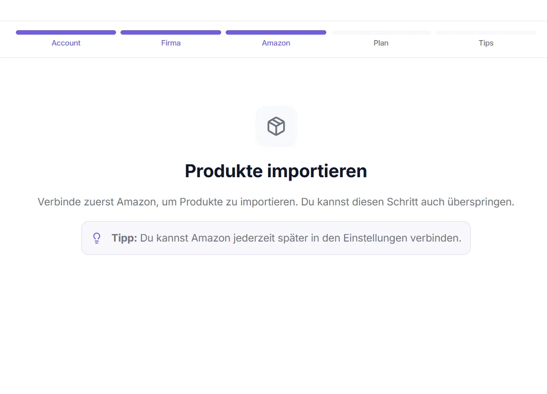 Onboarding-Wizard – Produkte importieren (direkt im Amazon-Schritt, mit Live-Zähler)