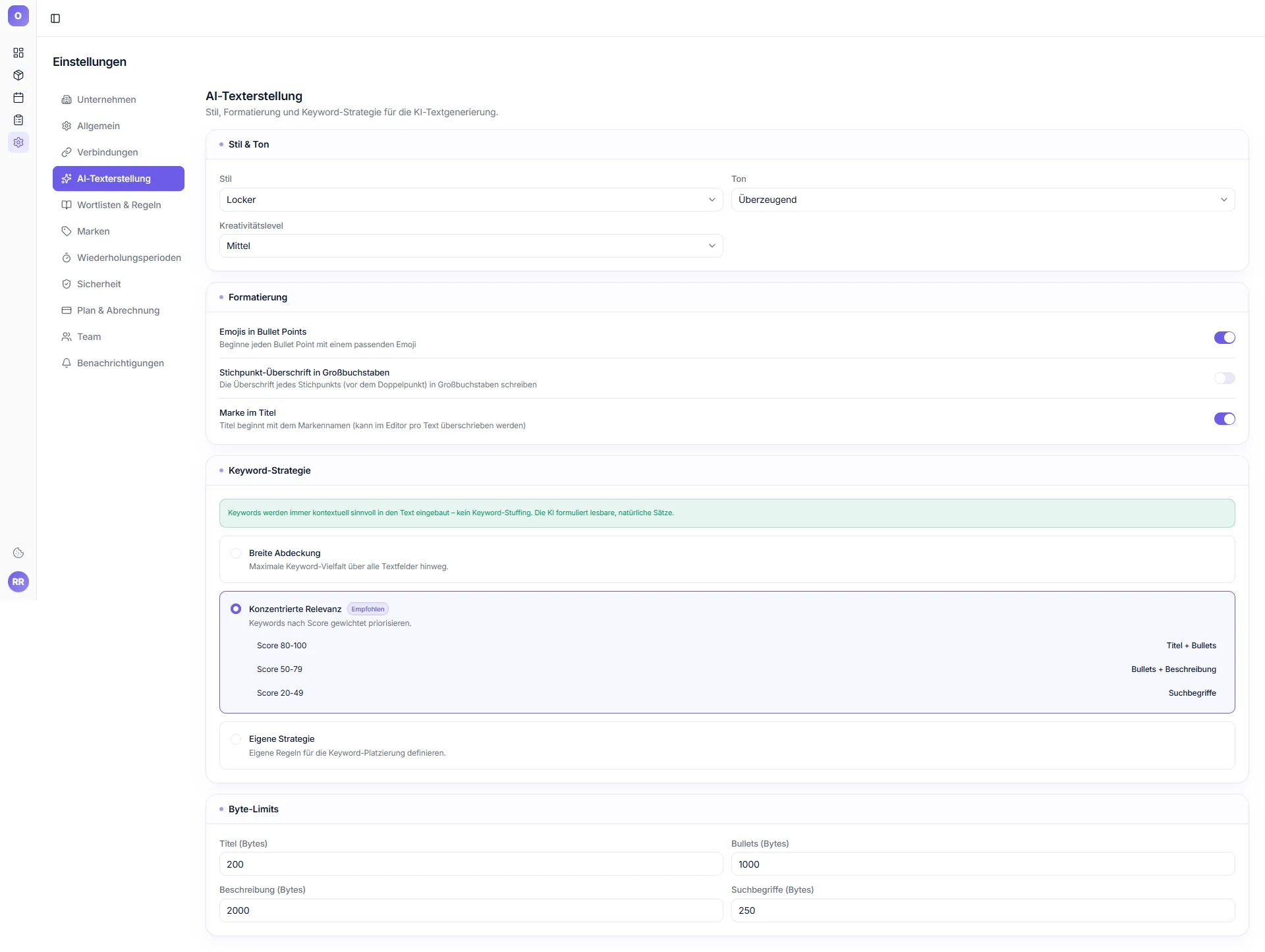 Einstellungen → AI-Texterstellung – Stil & Ton, Formatierung, Keyword-Strategie und Byte-Limits